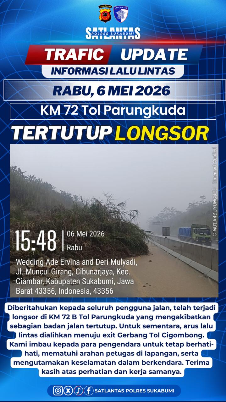 Longsor Tutup Sebagian Ruas Tol Parungkuda KM 72 Arah Bogor, Lalu Lintas Dialihkan Sementara