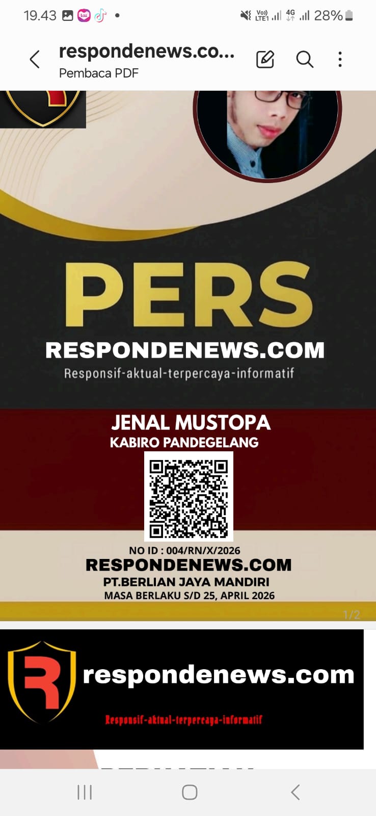 Innalillahi wa inna ilaihi raji’un. Kami, Pimpinan respondenews.com, turut berduka cita yang sedalam-dalamnya atas meninggalnya Almarhum Bapak Jenal Mustopa, Kabiro Pandeglang.