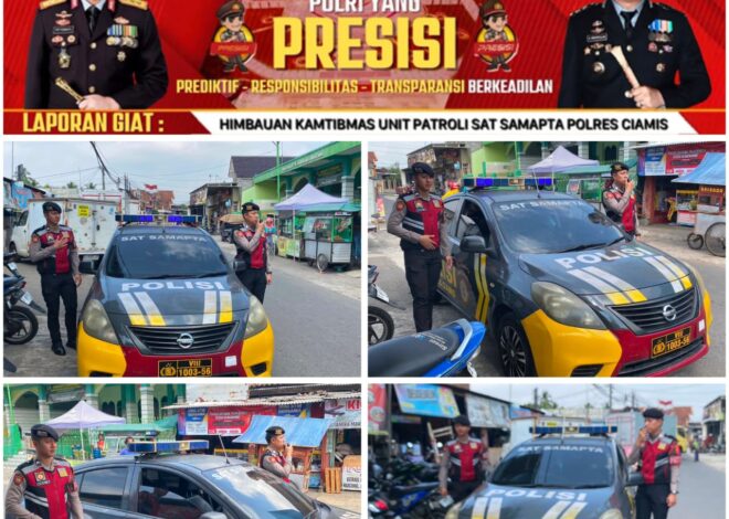Perkuat Sinergitas, Samapta Polres Ciamis Patroli Dialogis Pasar Imbanagara Sampaikan Himbauan Kamtibmas