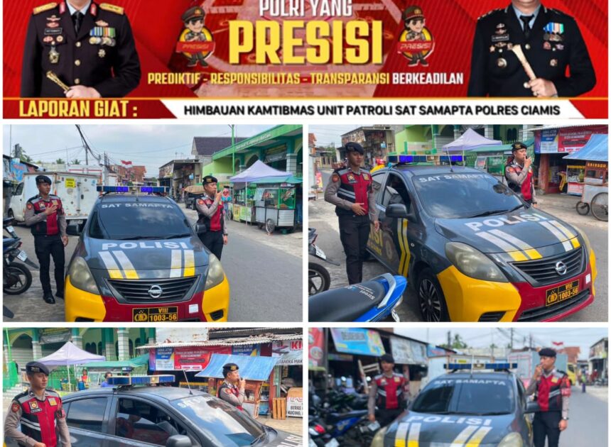 Perkuat Sinergitas, Samapta Polres Ciamis Patroli Dialogis Pasar Imbanagara Sampaikan Himbauan Kamtibmas