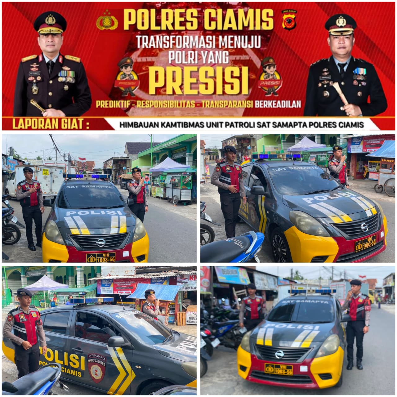 Perkuat Sinergitas, Samapta Polres Ciamis Patroli Dialogis Pasar Imbanagara Sampaikan Himbauan Kamtibmas